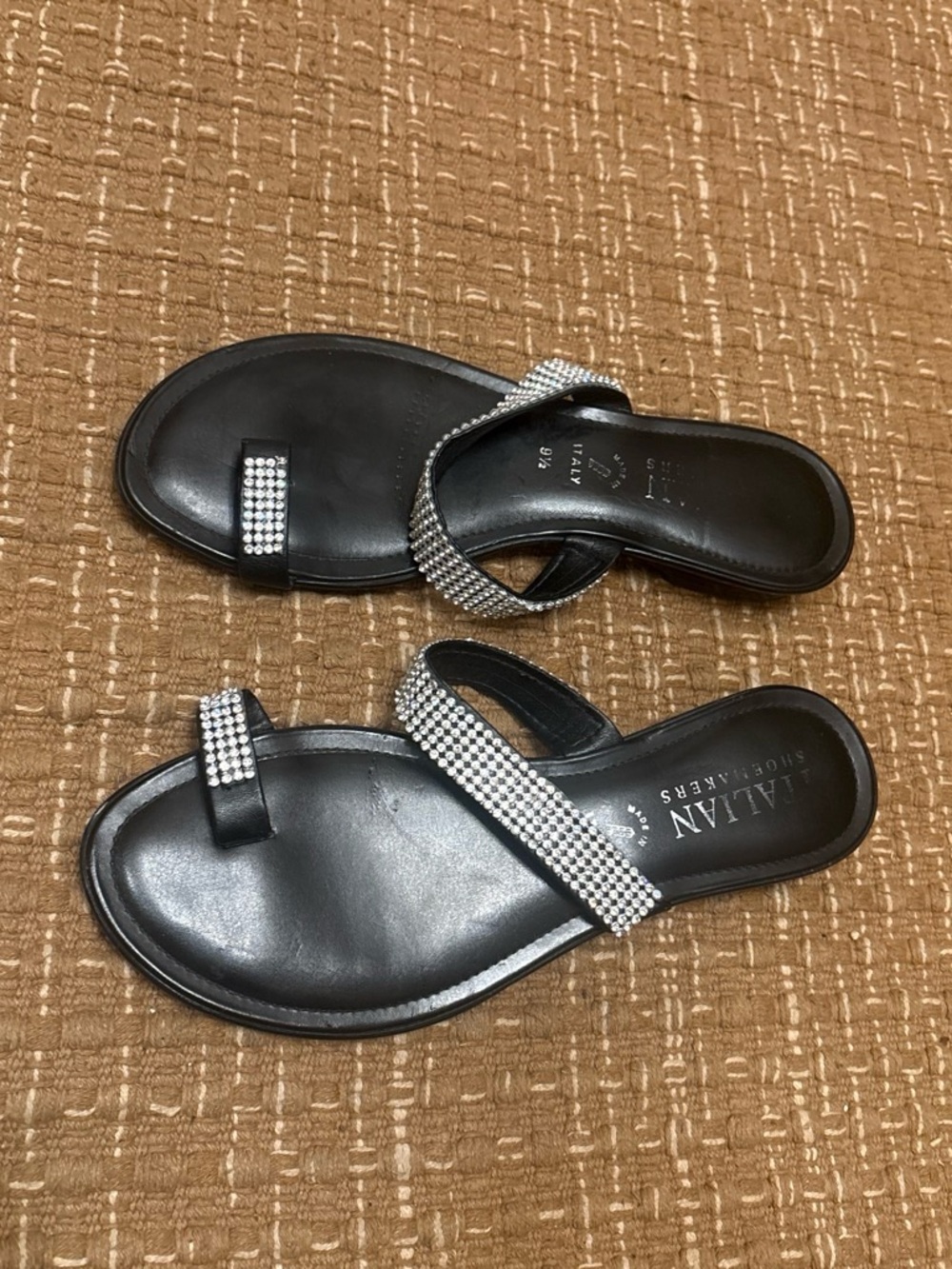 Italian Shoemakers Black Slide Sandals with Rhinestone Straps
